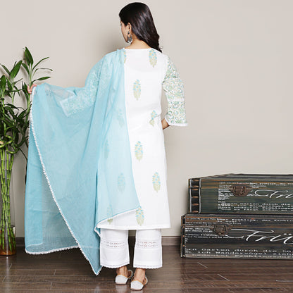 Mix-n-Match White-Blue Mughal Print Kurta Set with dupatta