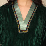 Green Crushed Velvet Embroidered & Brocade Applique Kurta