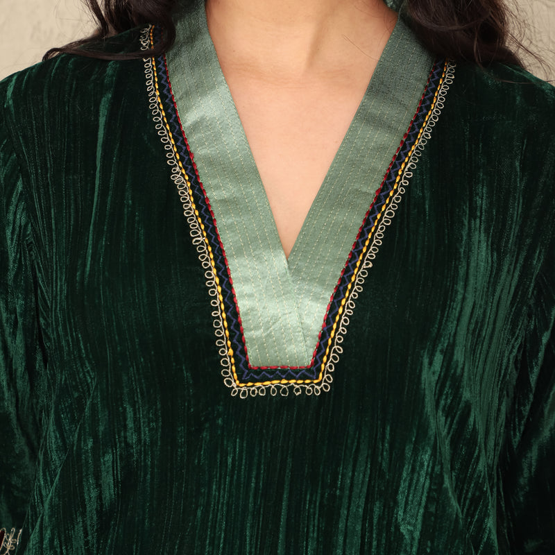 Green Crushed Velvet Embroidered & Brocade Applique Kurta