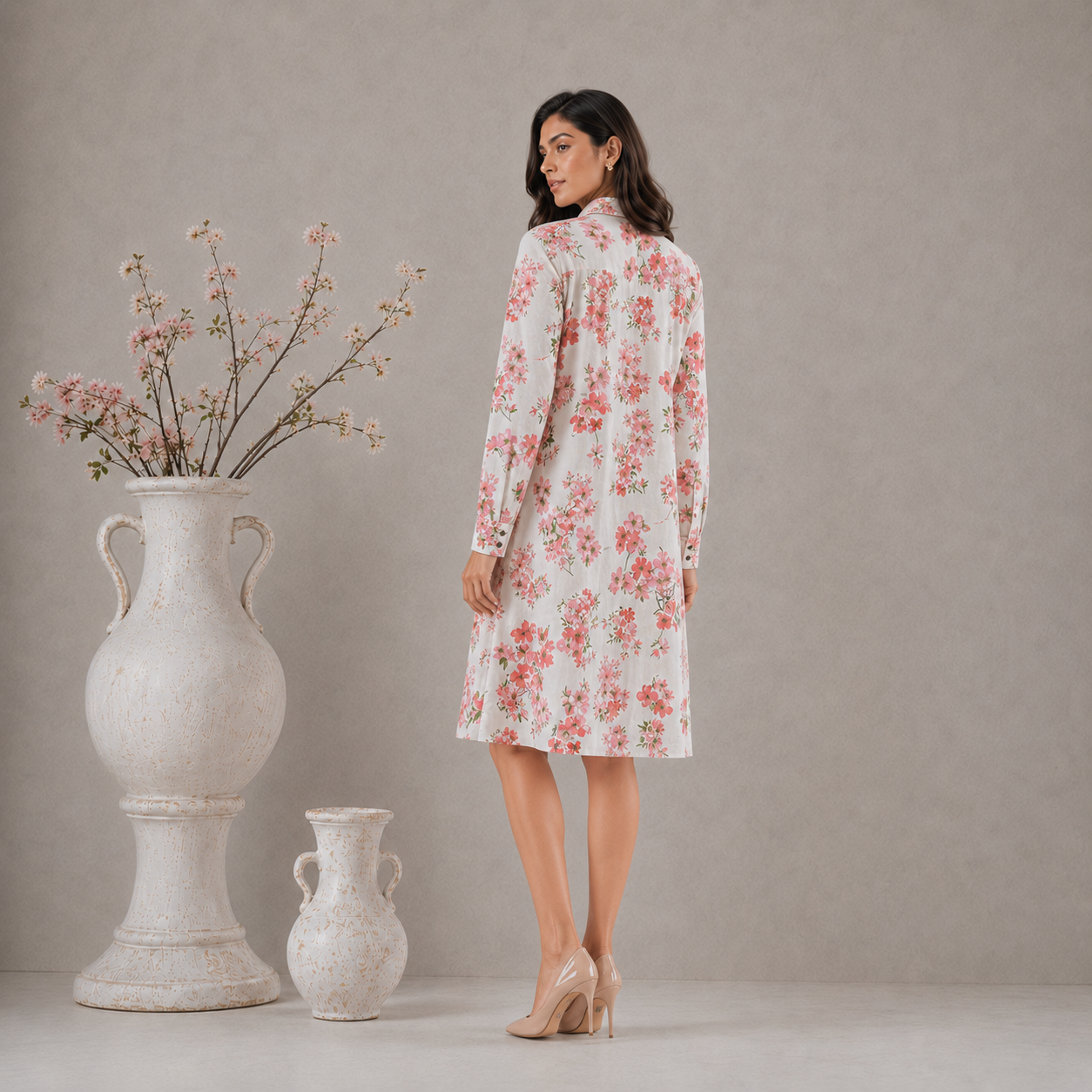 Pink Flax Printed Shirt dress with Pockets