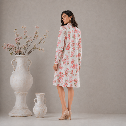 Pink Flax Printed Shirt dress with Pockets