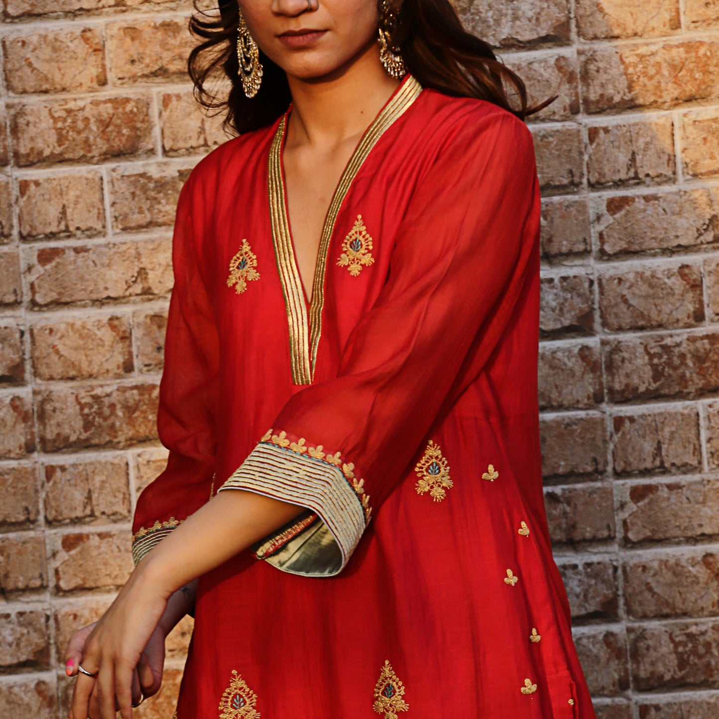 Red chanderi A-line kurta set with dupatta