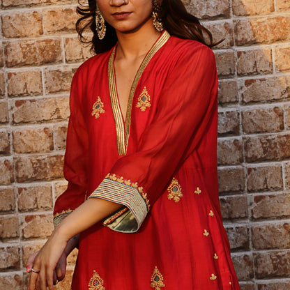 Red chanderi A-line kurta set with dupatta