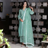 jade  chanderi A-line embroidered kurta set with dupatta