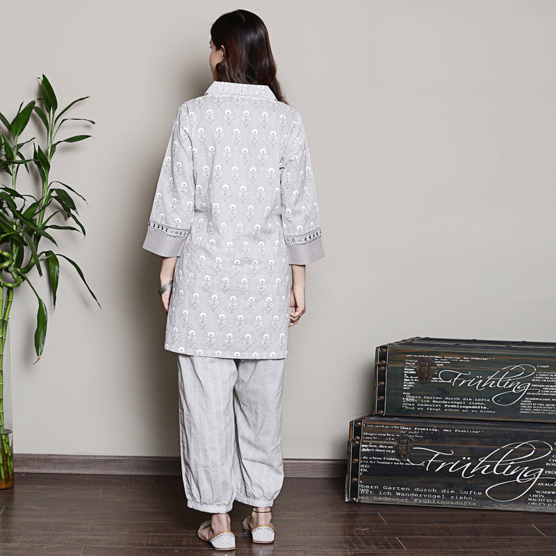 Block printed grey co-ord set with neck embroidery