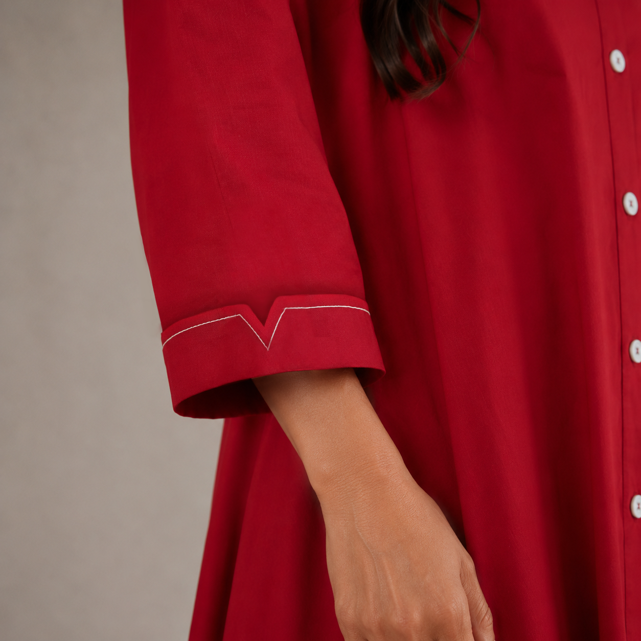 Red Cotton Floral embroidered Shirt dress with Pockets