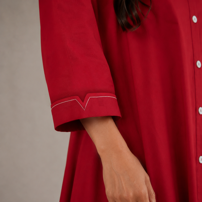 Red Cotton Floral embroidered Shirt dress with Pockets