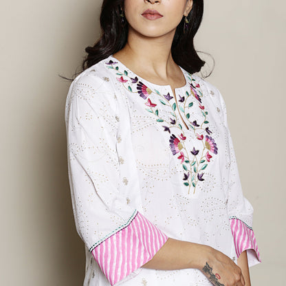 white printed kurta with neck embroidery