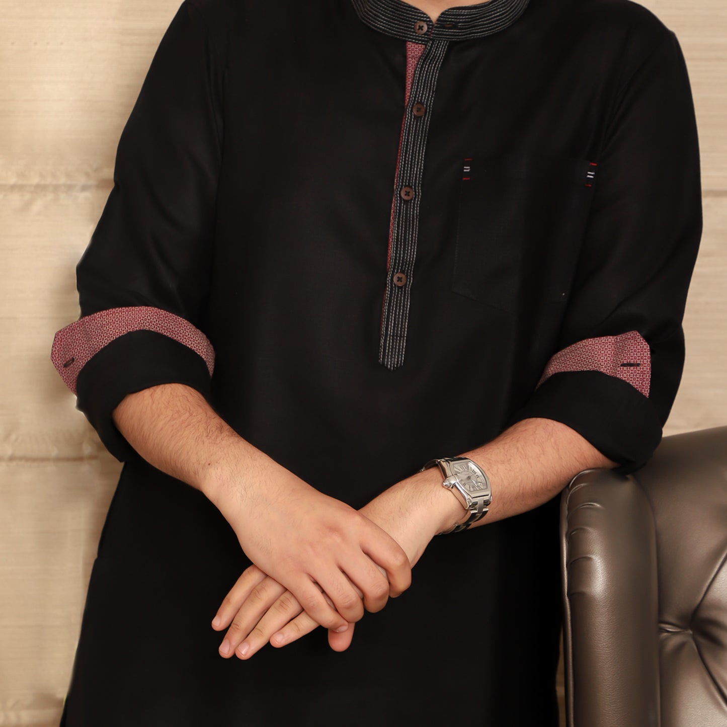 black men's band collar cotton blend kurta
