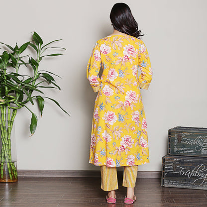 Floral printed yellow A line kurta set