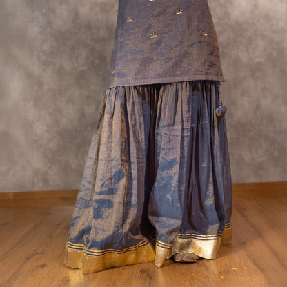 Navy Tissue Chanderi Hand embroidered Sharara Set with Dupatta