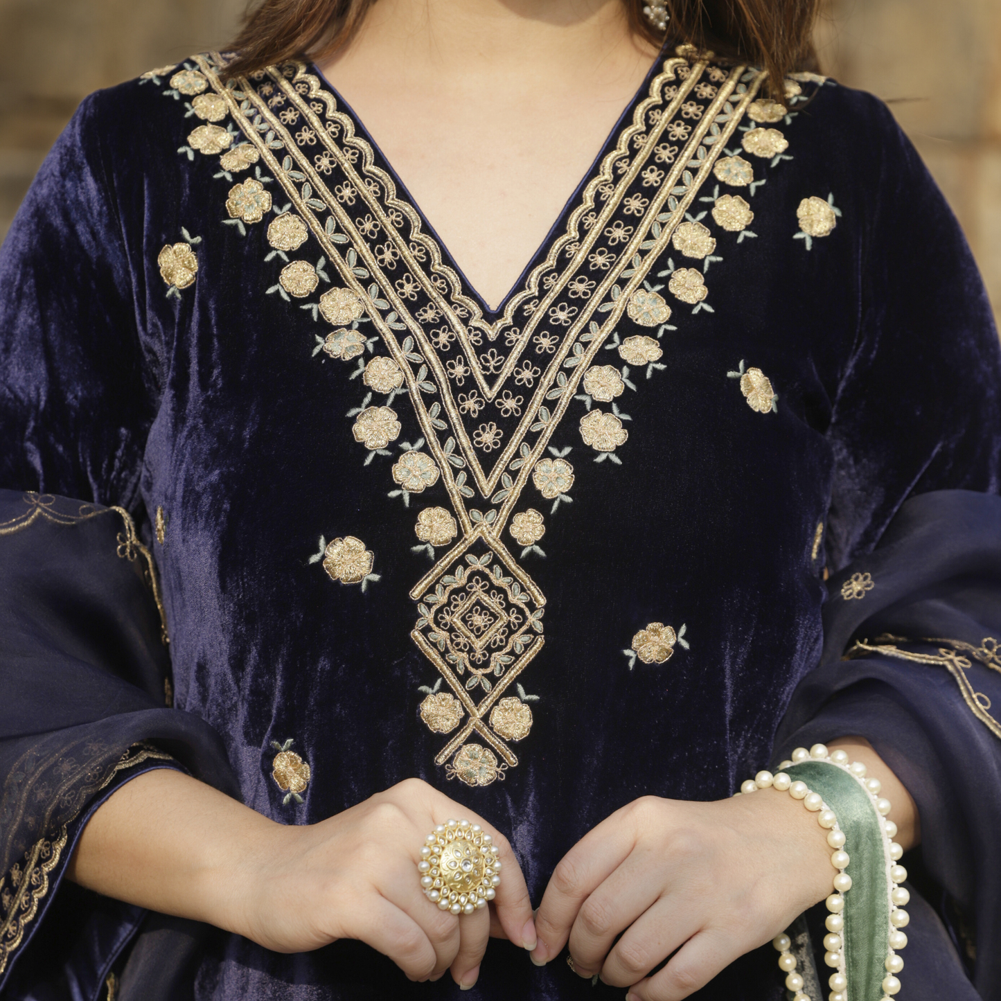Navy Blue Velvet Embroidered Kurta set with dupatta