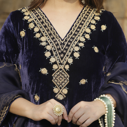 Navy Blue Velvet Embroidered Kurta set with dupatta