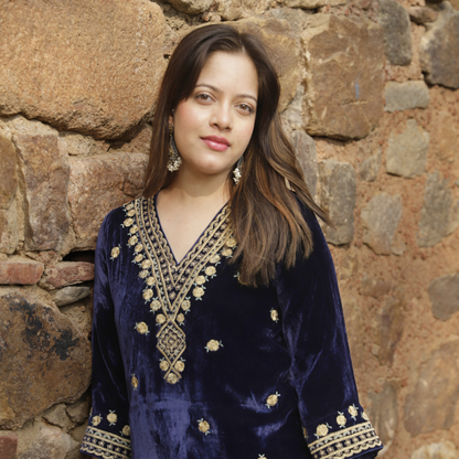 Navy Blue Velvet Embroidered Kurta set