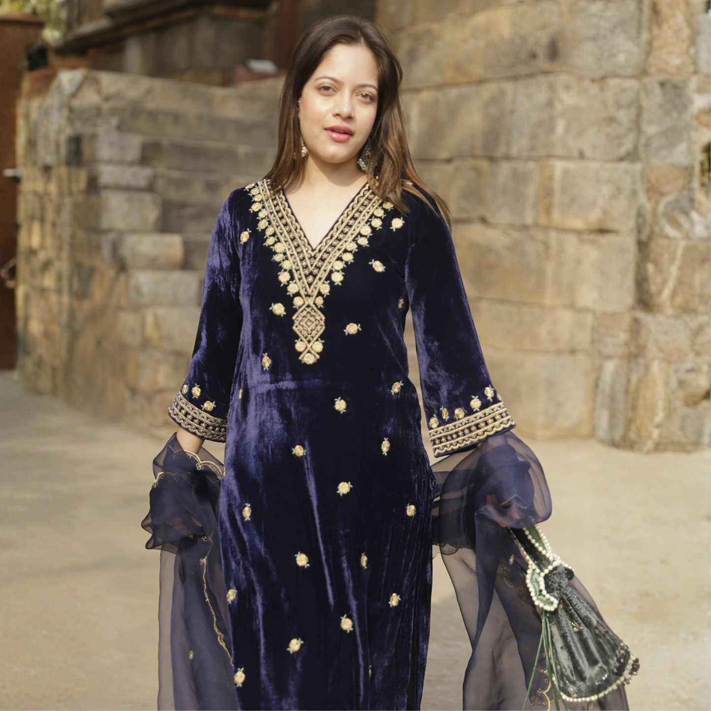 Navy Blue Velvet Embroidered Kurta set with dupatta