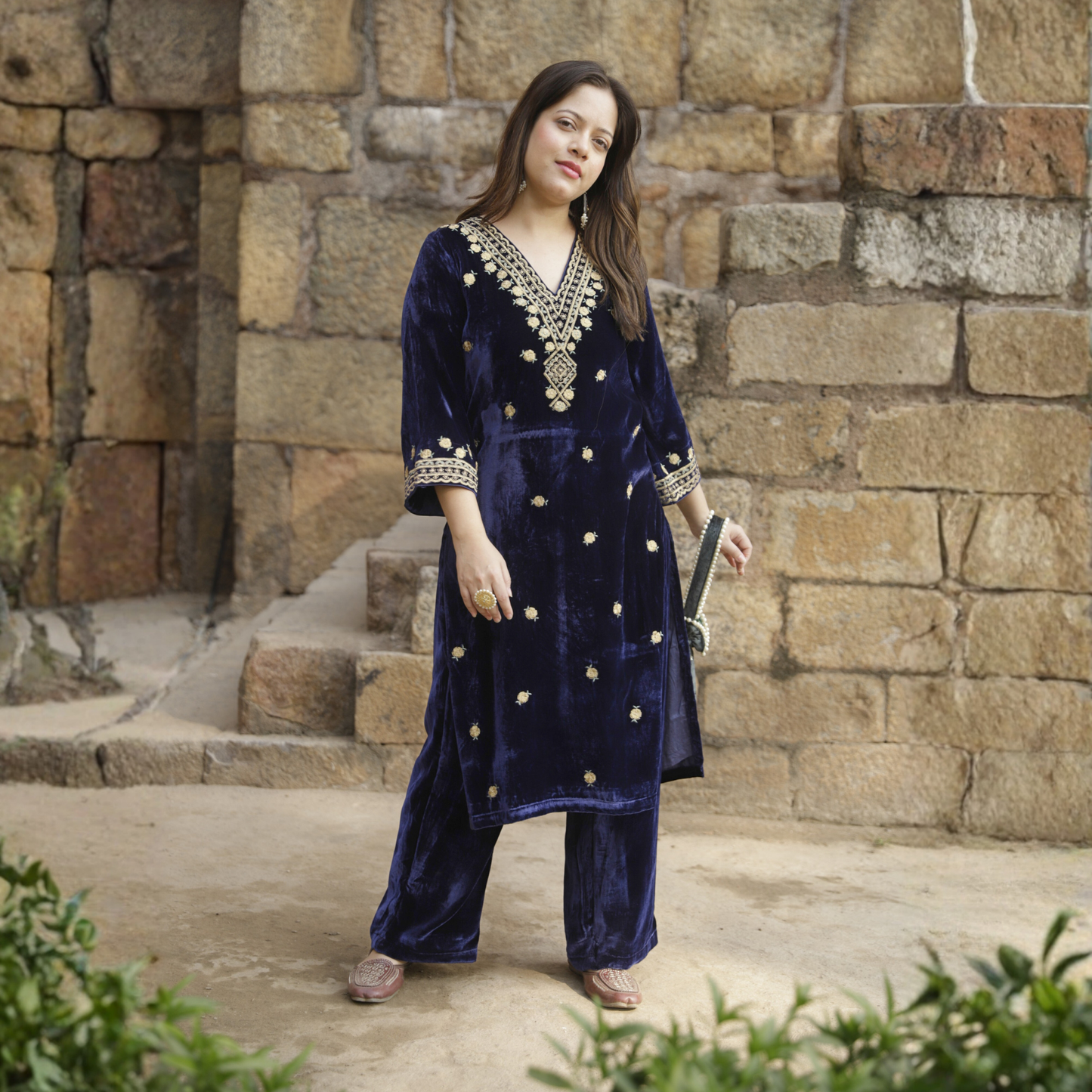 Navy Blue Velvet Embroidered Kurta set