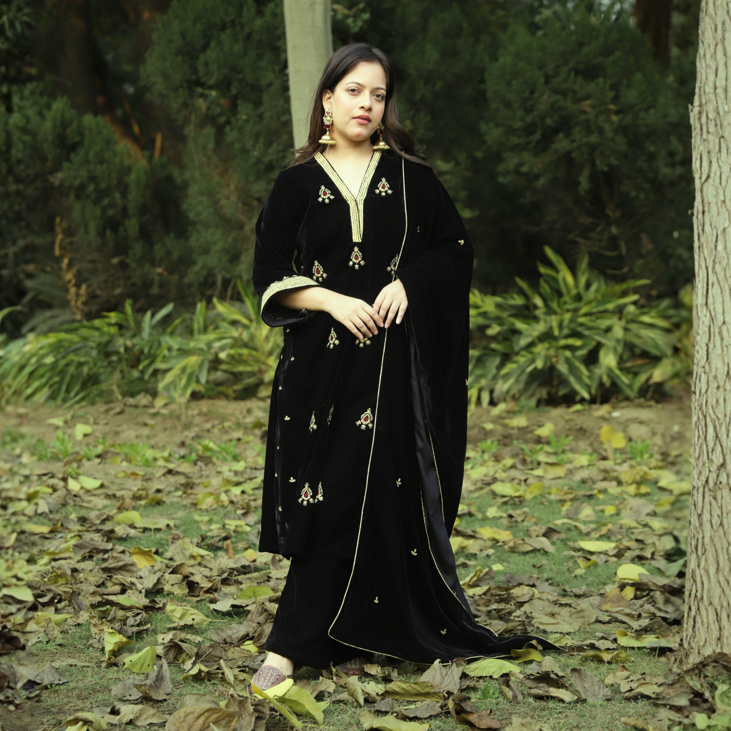 Black Velvet Embroidered Kurta set with Velvet Dupatta