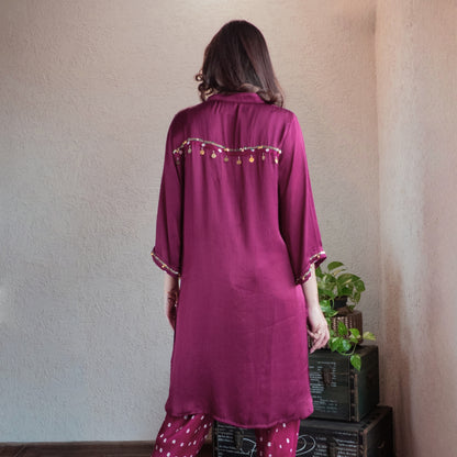 Wine Embroidered Kurta with Bandhani dhoti set
