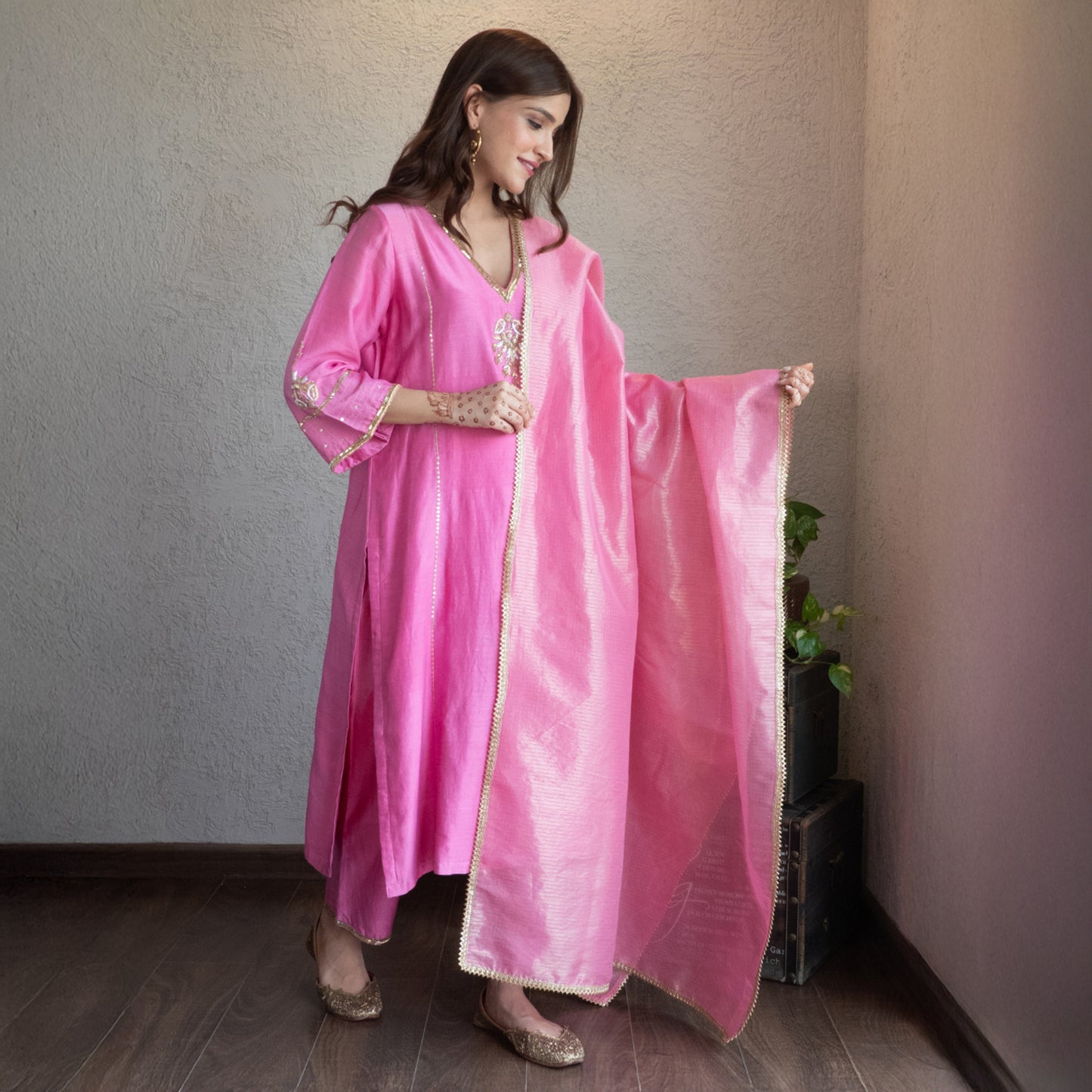Pink embroidered kurta set with pants and dupatta