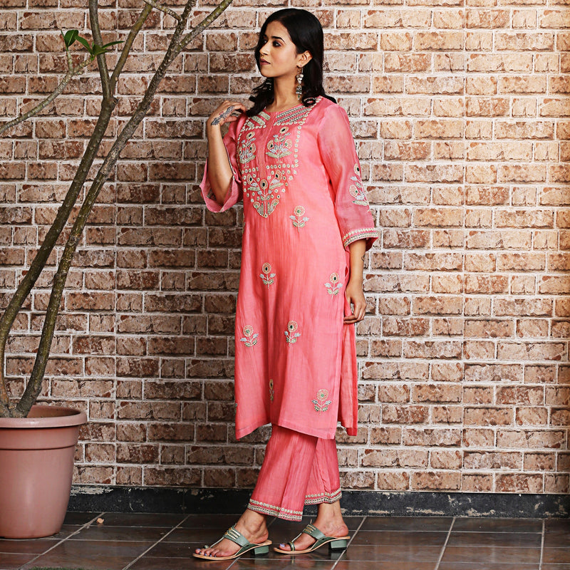 Coral embroidered kurta set with dupatta