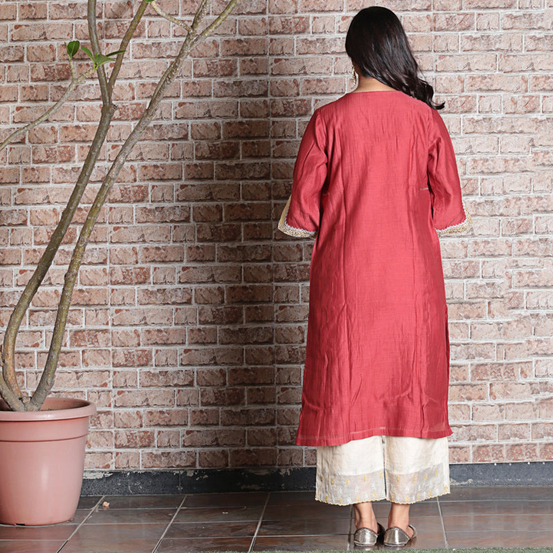 brick red chanderi A-line embroidered kurta set with dupatta