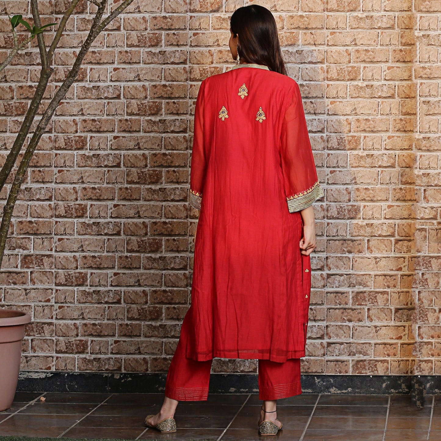 Red chanderi A-line kurta set with dupatta