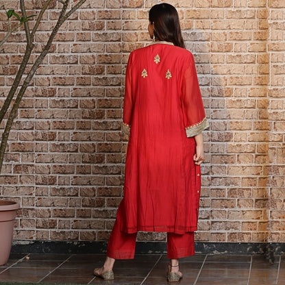 Red chanderi A-line kurta set with dupatta