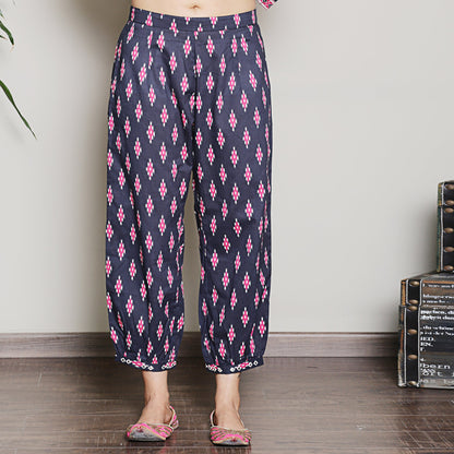 Block Printed navy blue kurta set with yoke detailing