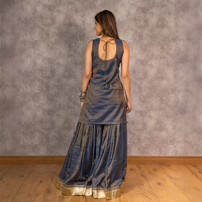 Navy Tissue Chanderi Hand embroidered Sharara Set with Dupatta