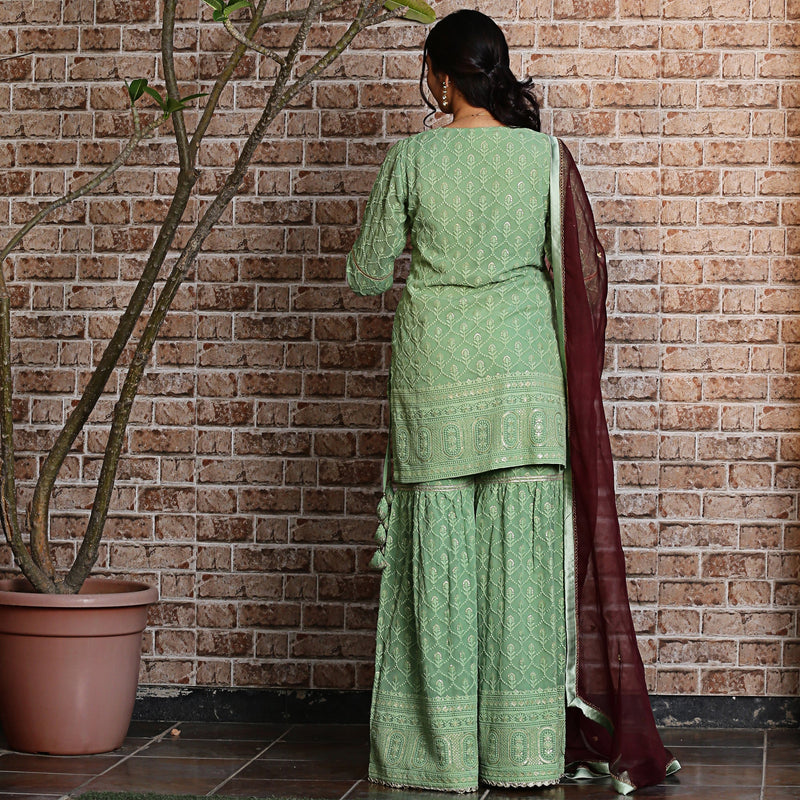 Green embroidered sharara set