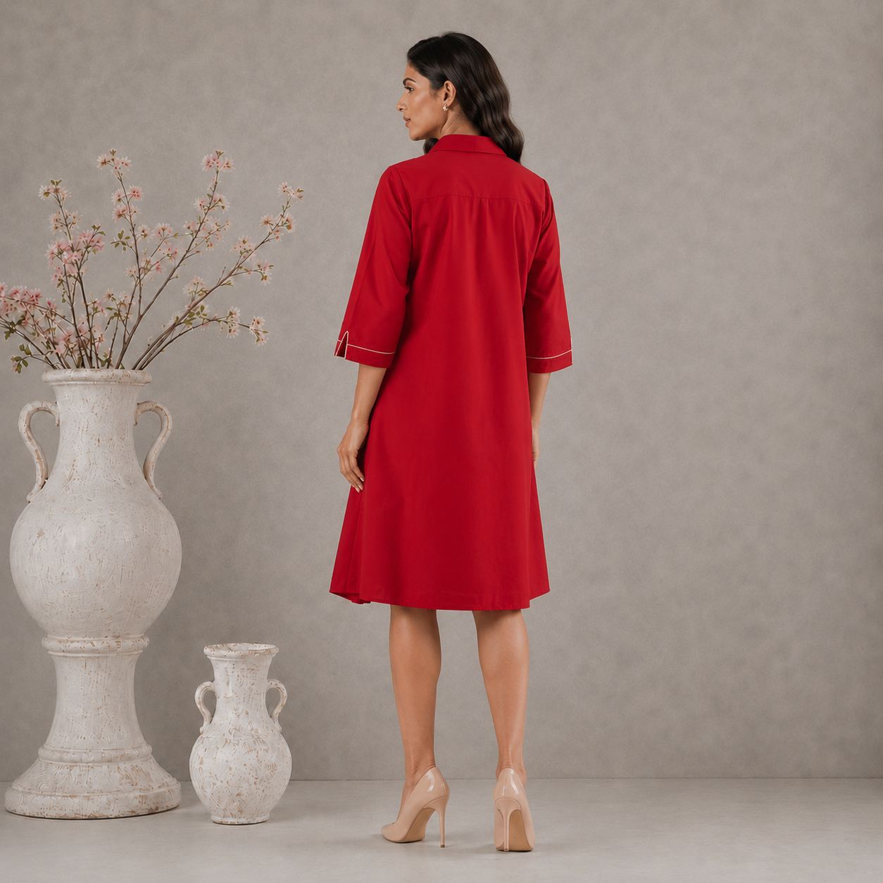 Red Cotton Floral embroidered Shirt dress with Pockets