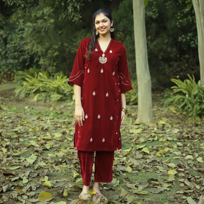 Red Velvet Hand embroidered Kurta Set with Velvet dupatta