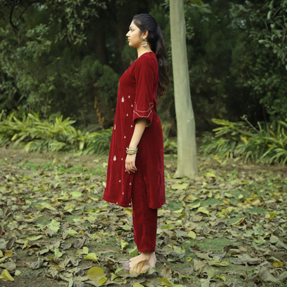 Red Velvet Hand embroidered Kurta Set with Velvet dupatta