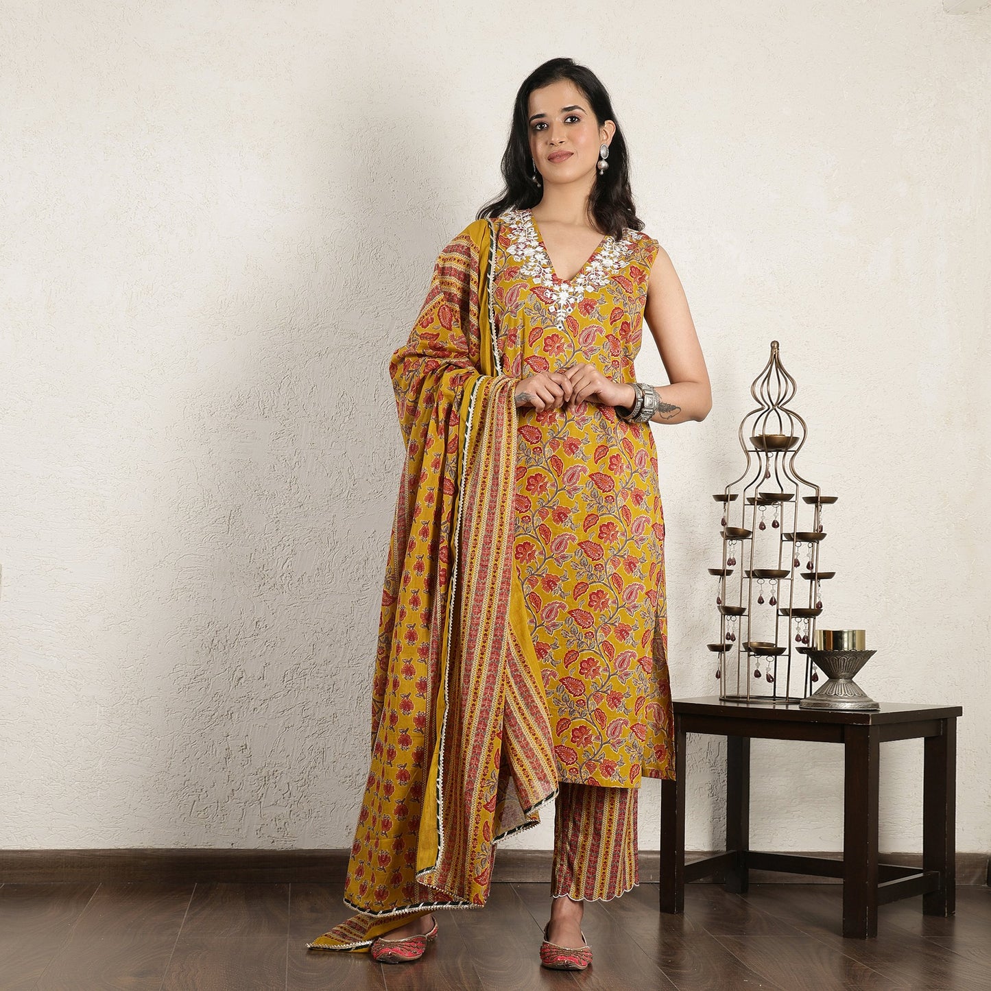 Yellow Block Printed embroidered Suit Set with Dupatta