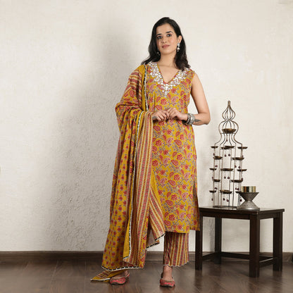 Yellow Block Printed embroidered Suit Set with Dupatta
