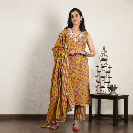 Yellow Block Printed embroidered Suit Set with Dupatta
