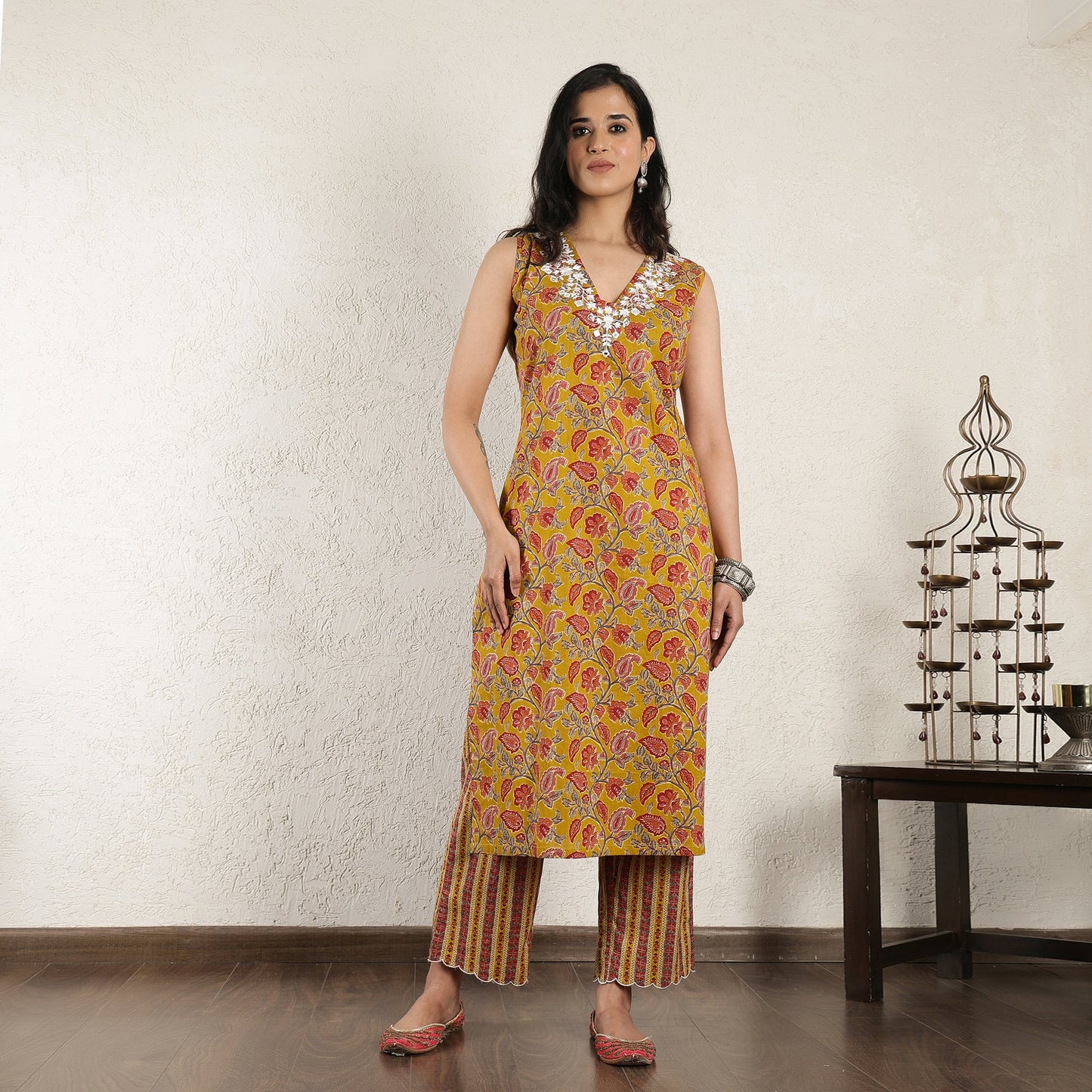 Yellow Block Printed embroidered Suit Set with Dupatta