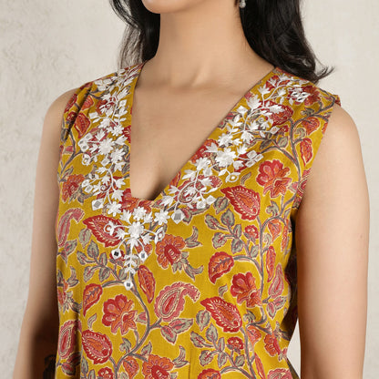 Yellow Block Printed embroidered Suit Set with Dupatta