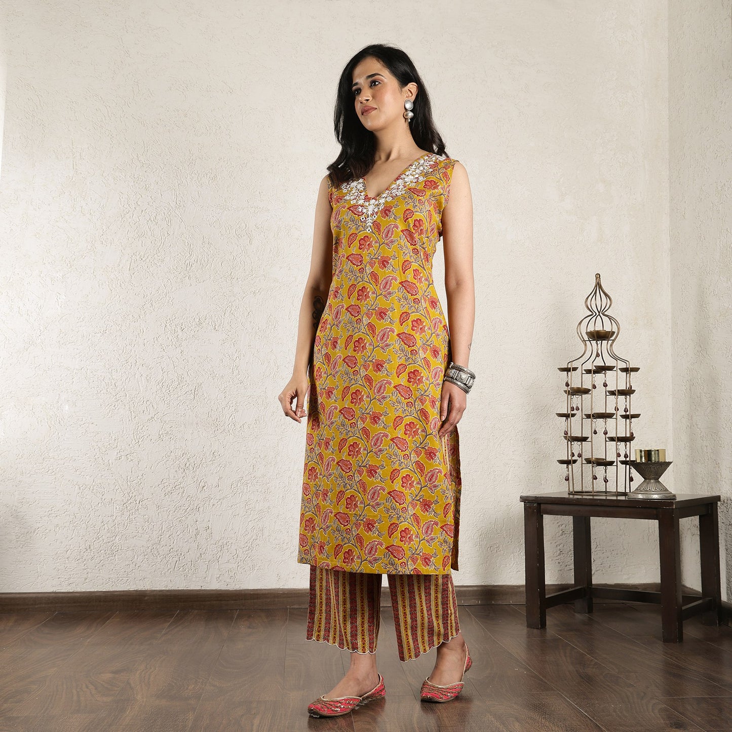 Yellow Block Printed embroidered Suit Set with Dupatta