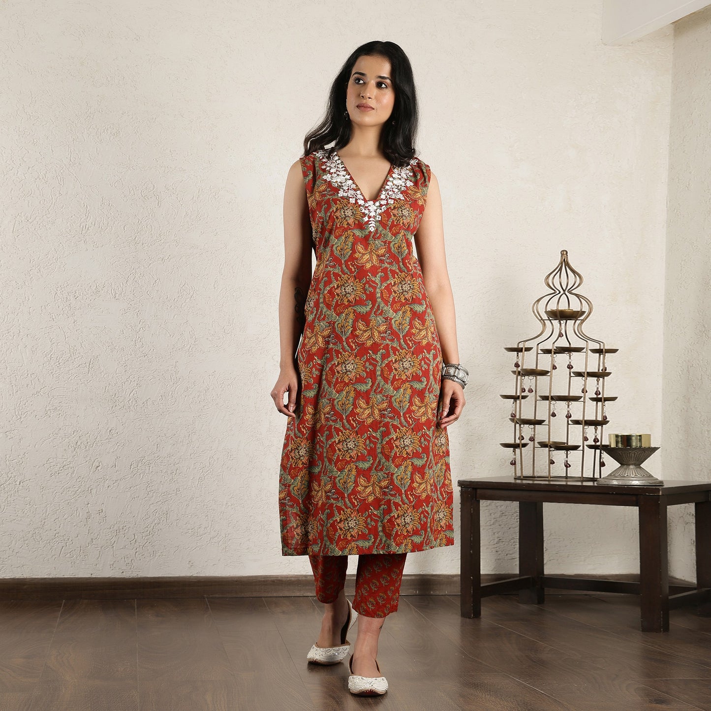 Red Block Printed embroidered Suit Set with Dupatta