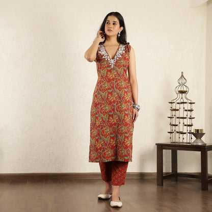 Red Block Printed embroidered Suit Set