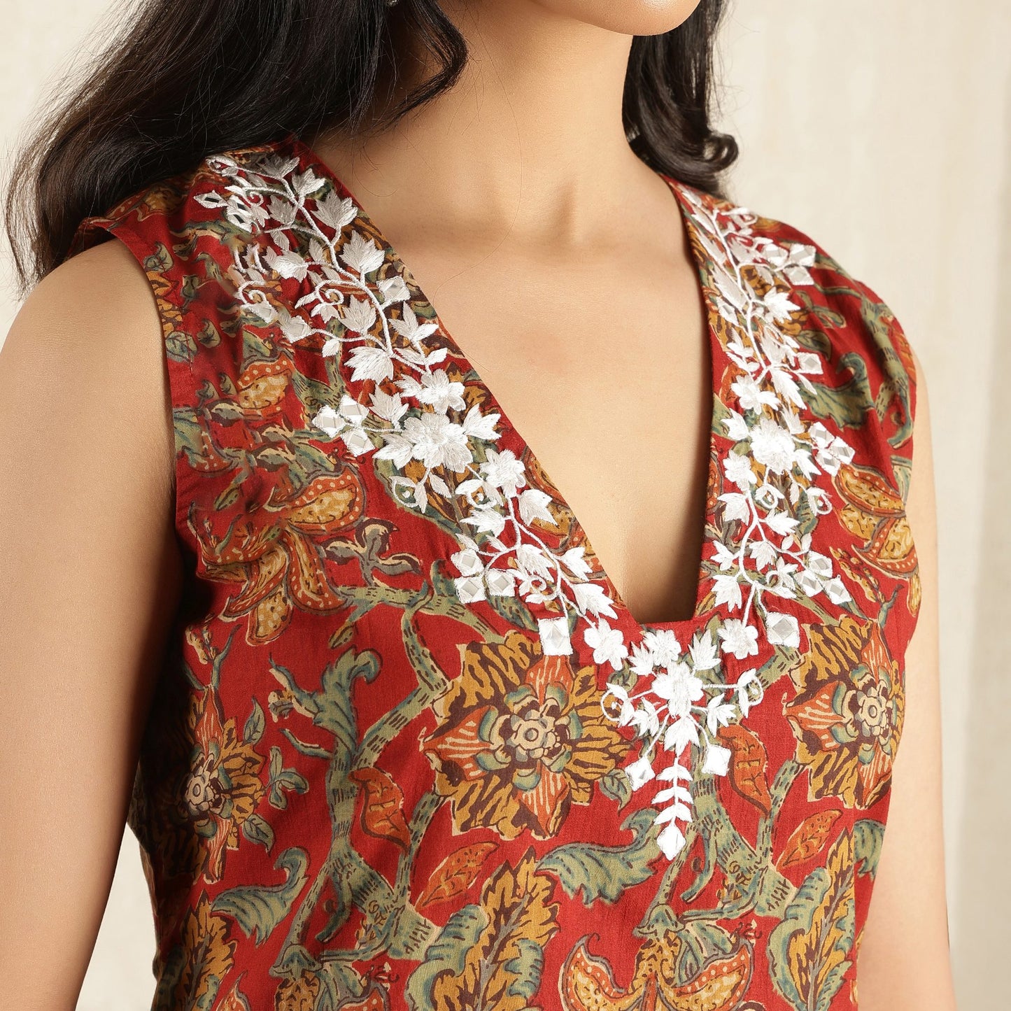 Red Block Printed embroidered Suit Set