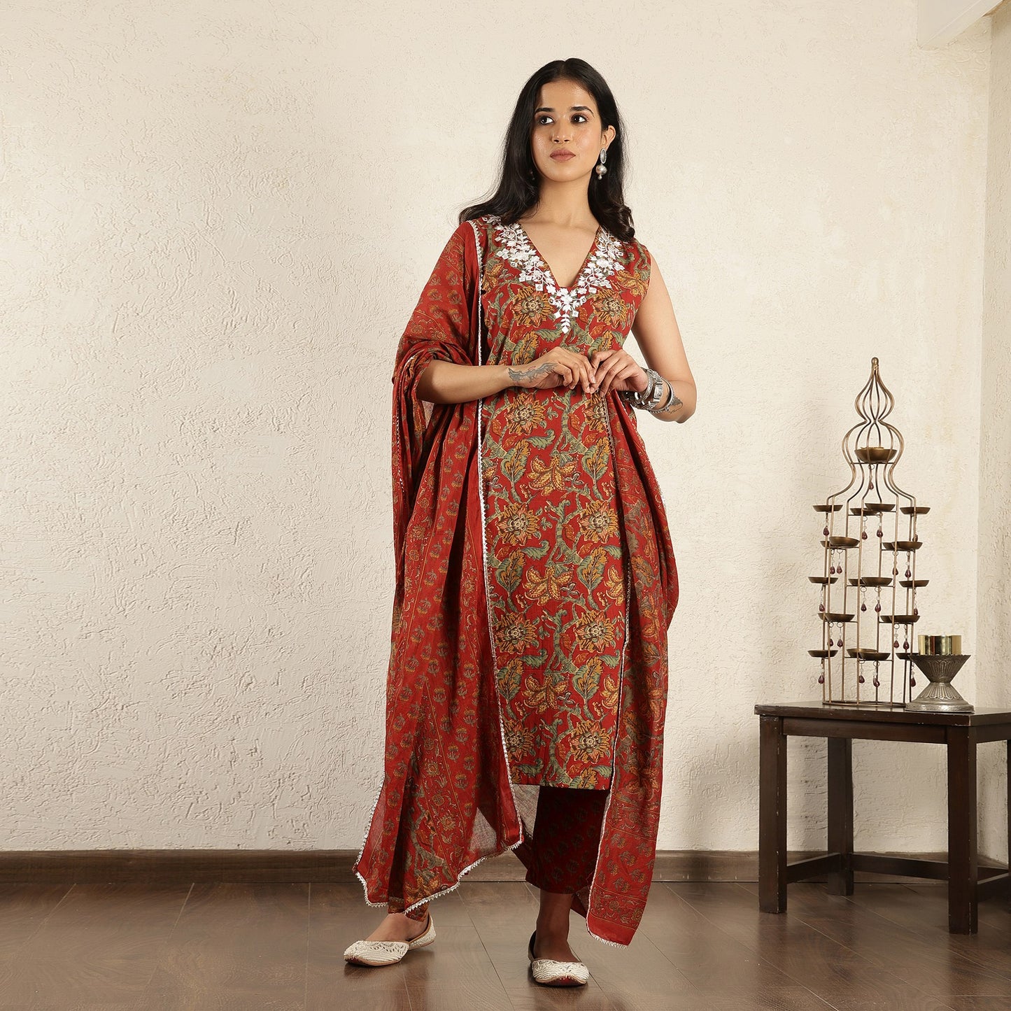 Red Block Printed embroidered Suit Set with Dupatta