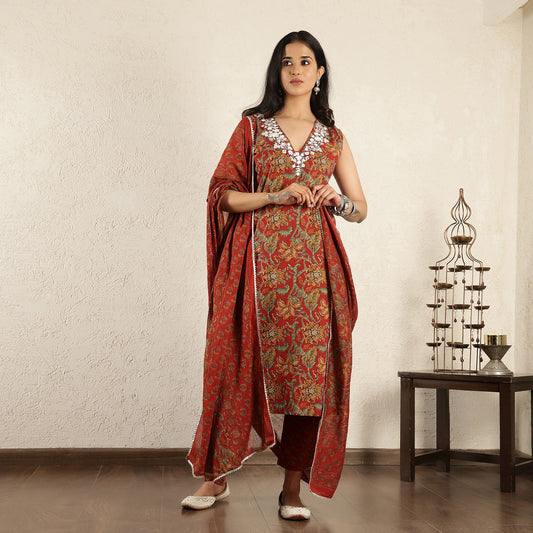 Red Block Printed embroidered Suit Set with Dupatta