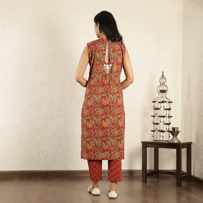 Red Block Printed embroidered Suit Set