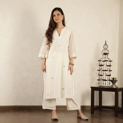Off- White Mirror work A-Line Kali chanderi Suit Set