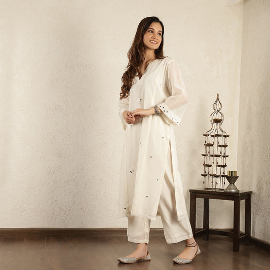 Off White Chanderi mirrorwork kurta