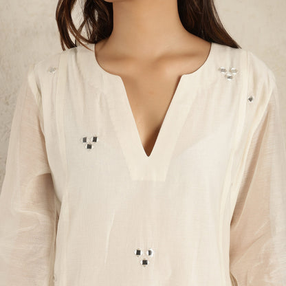 Off- White Mirror work A-Line Kali chanderi Suit Set