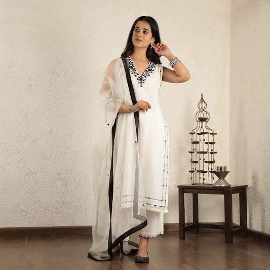 Off- White Mirror work Embroidered chanderi Suit set with dupatta