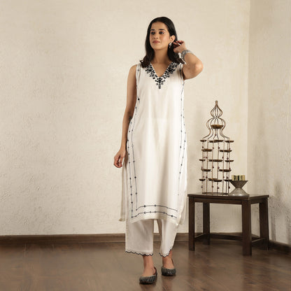 Off- White Mirror work Embroidered chanderi Suit Set